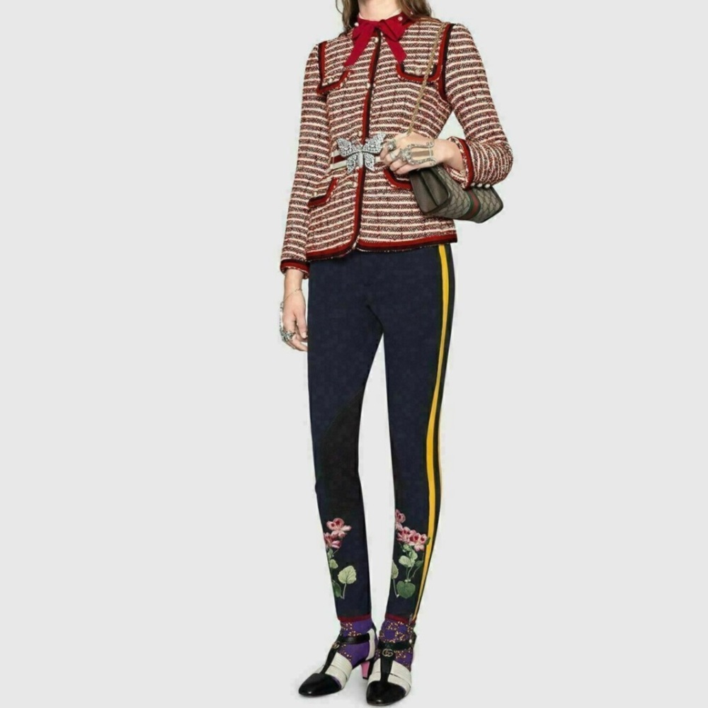Gucci floral embroidered skinny leg pants navy blue